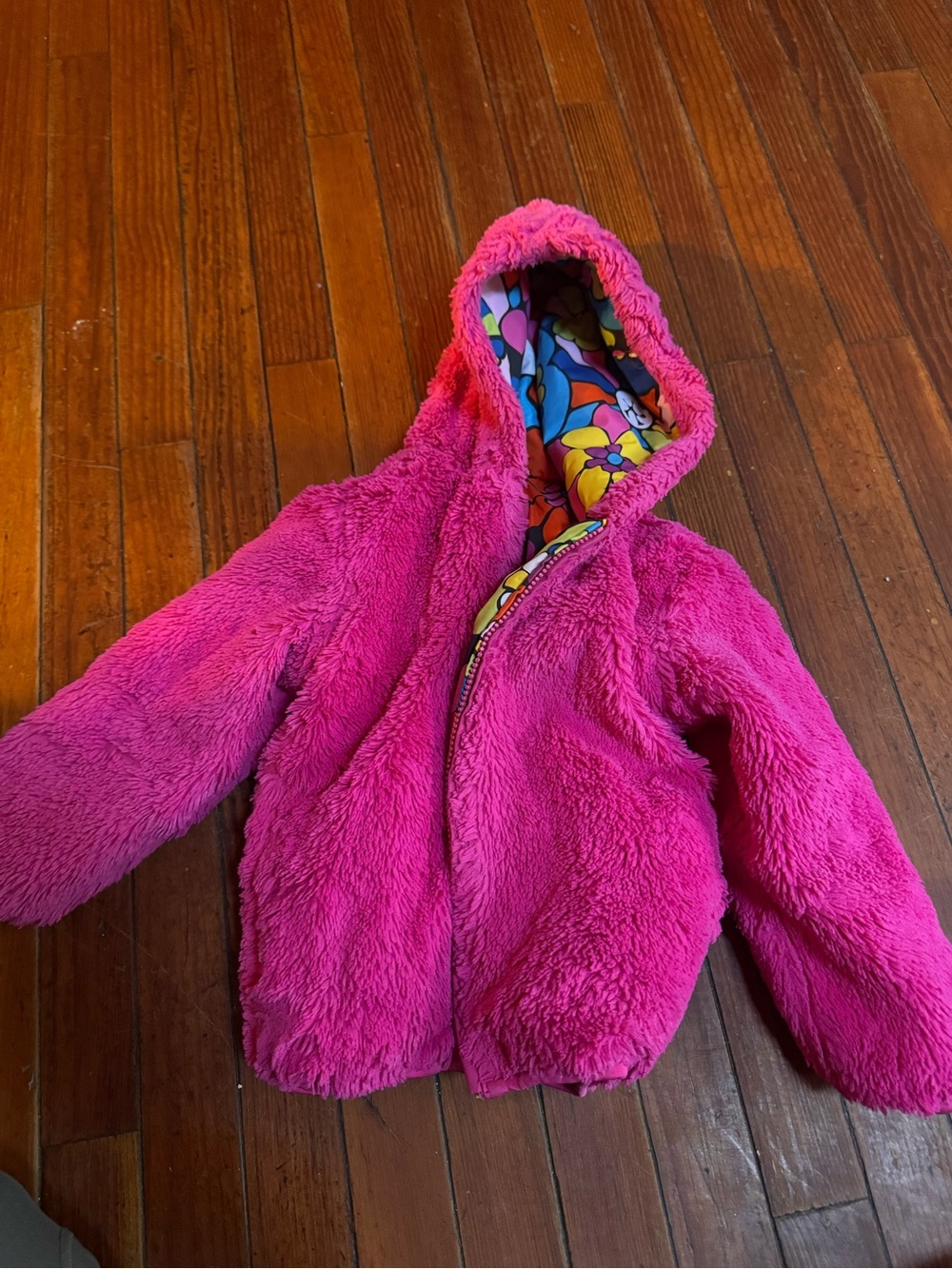 Hanna Andersson Plush Hooded Jacket with Floral Lining reversible size 3 toddler